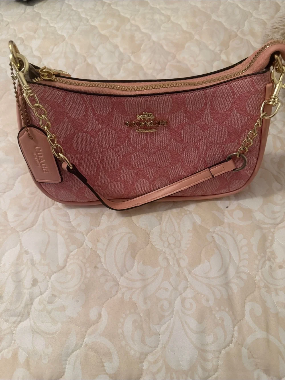Coach Pink Signature Canvas Shoulder Bag with Gold Hardware